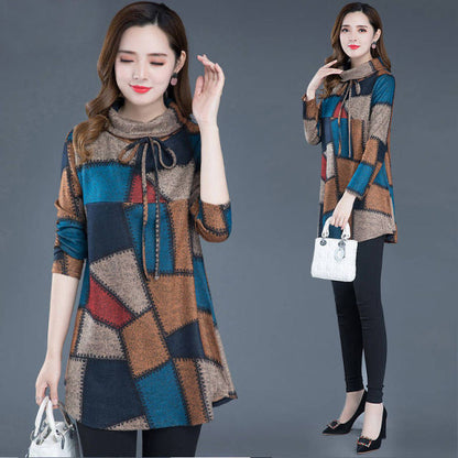 Tunic Women Long sleeve Plus size Tops Vintage Blouse Turtleneck Plaid Autumn Winter Warm Shirt Clothes Ladies Casual