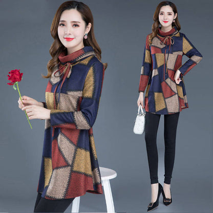 Tunic Women Long sleeve Plus size Tops Vintage Blouse Turtleneck Plaid Autumn Winter Warm Shirt Clothes Ladies Casual