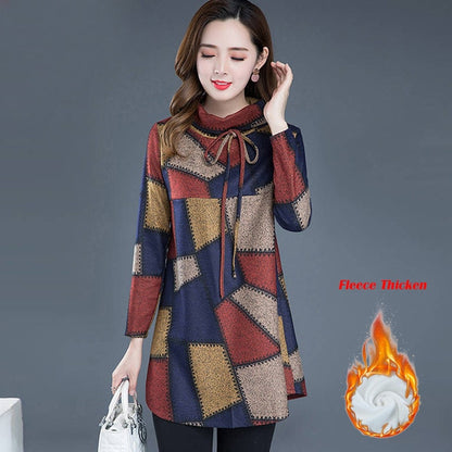 Tunic Women Long sleeve Plus size Tops Vintage Blouse Turtleneck Plaid Autumn Winter Warm Shirt Clothes Ladies Casual