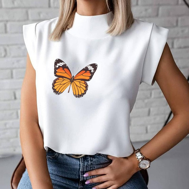 Women's Blouse Thin Abstract Art Rose Face Print O-Neck Short Sleeve White Female Casual Shirt Slim 2021 Summer Office Lady Tops