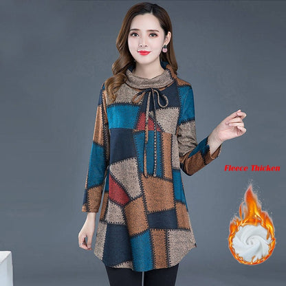 Tunic Women Long sleeve Plus size Tops Vintage Blouse Turtleneck Plaid Autumn Winter Warm Shirt Clothes Ladies Casual