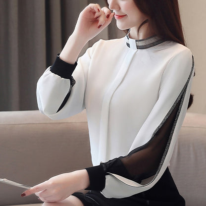 Chiffon Shirts Diamonds New 2021 Sexy Hollow out Mesh harajuku Shirts Elegant Stand Collar Long Sleeve Women Tops blusas H34D
