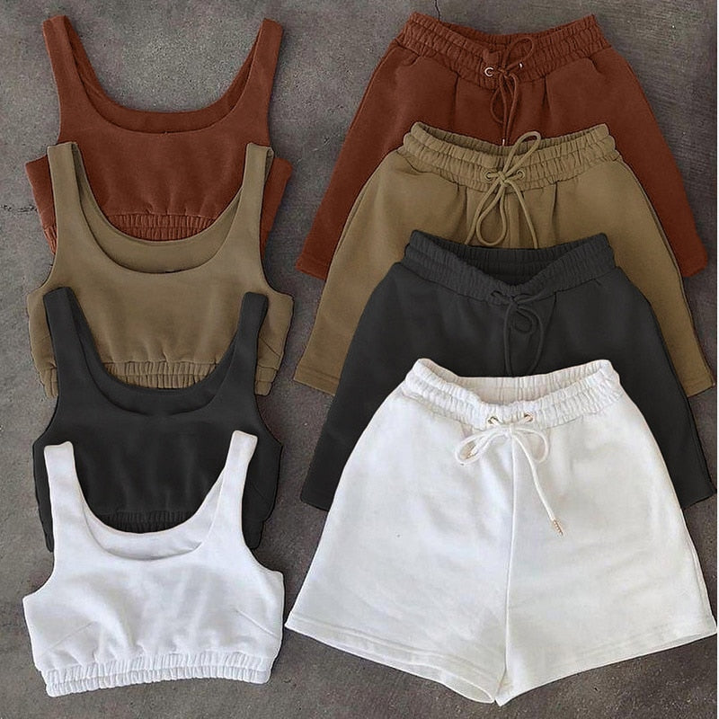 Casual Solid Sportswear Two Piece Sets Women 2021 Crop Top And Drawstring Shorts Matching Set Summer Athleisure Outfits