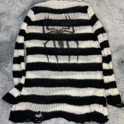 Plus Size Punk Gothic Long Unisex Sweater Dress Cool Hollow Out Hole Broken Jumper Loose Rock Thin Sweter 2020 Women Man Striped