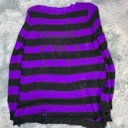 Plus Size Punk Gothic Long Unisex Sweater Dress Cool Hollow Out Hole Broken Jumper Loose Rock Thin Sweter 2020 Women Man Striped