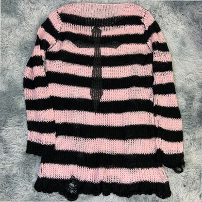Plus Size Punk Gothic Long Unisex Sweater Dress Cool Hollow Out Hole Broken Jumper Loose Rock Thin Sweter 2020 Women Man Striped