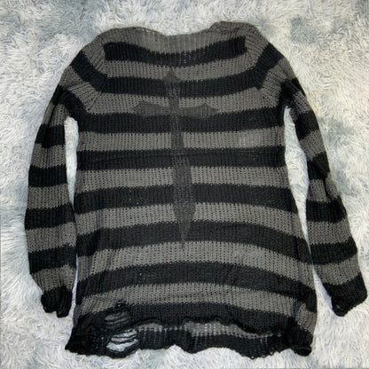 Plus Size Punk Gothic Long Unisex Sweater Dress Cool Hollow Out Hole Broken Jumper Loose Rock Thin Sweter 2020 Women Man Striped