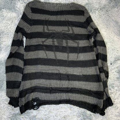 Plus Size Punk Gothic Long Unisex Sweater Dress Cool Hollow Out Hole Broken Jumper Loose Rock Thin Sweter 2020 Women Man Striped