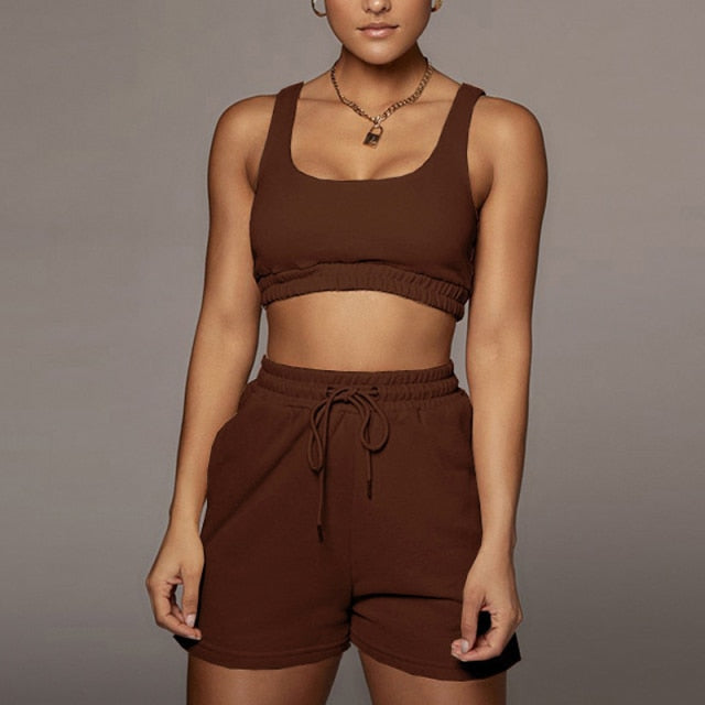 Casual Solid Sportswear Two Piece Sets Women 2021 Crop Top And Drawstring Shorts Matching Set Summer Athleisure Outfits