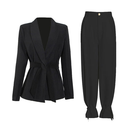 TWOTWINSTYLE Solid Color Korean Two Piece Set Women Blazer High Waist Belt Lace-up Straight Pants Suits Female 2021 Fashion New