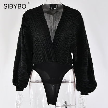 Sibybo Deep V-Neck Pleated Sexy Bodysuit Women Fashion Long Sleeve Loose Women Rompers Spring Casual Bodysuit Jumpsuit 2021 Tops