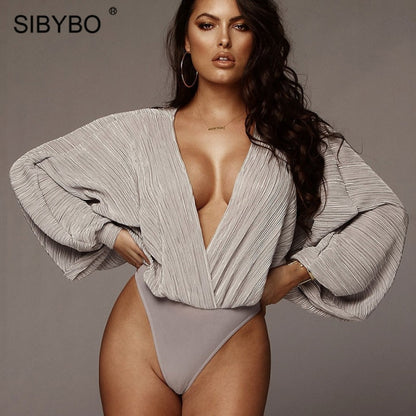 Sibybo Deep V-Neck Pleated Sexy Bodysuit Women Fashion Long Sleeve Loose Women Rompers Spring Casual Bodysuit Jumpsuit 2021 Tops