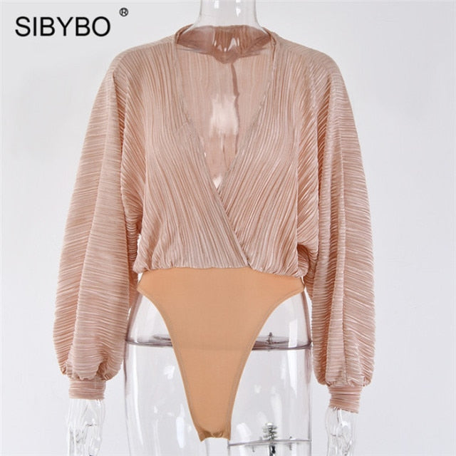Sibybo Deep V-Neck Pleated Sexy Bodysuit Women Fashion Long Sleeve Loose Women Rompers Spring Casual Bodysuit Jumpsuit 2021 Tops