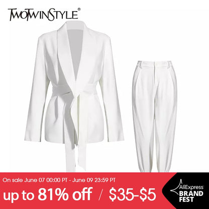 TWOTWINSTYLE Solid Color Korean Two Piece Set Women Blazer High Waist Belt Lace-up Straight Pants Suits Female 2021 Fashion New
