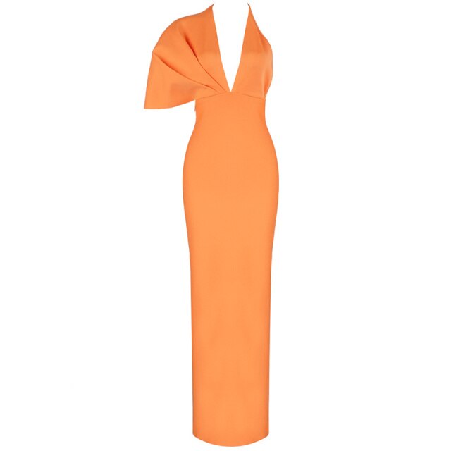 Women Luxury Sexy Short Sleeve V Neck Orange Maxi Long Bandage Dress 2021 Designer Fashion Evening Party Dress Club